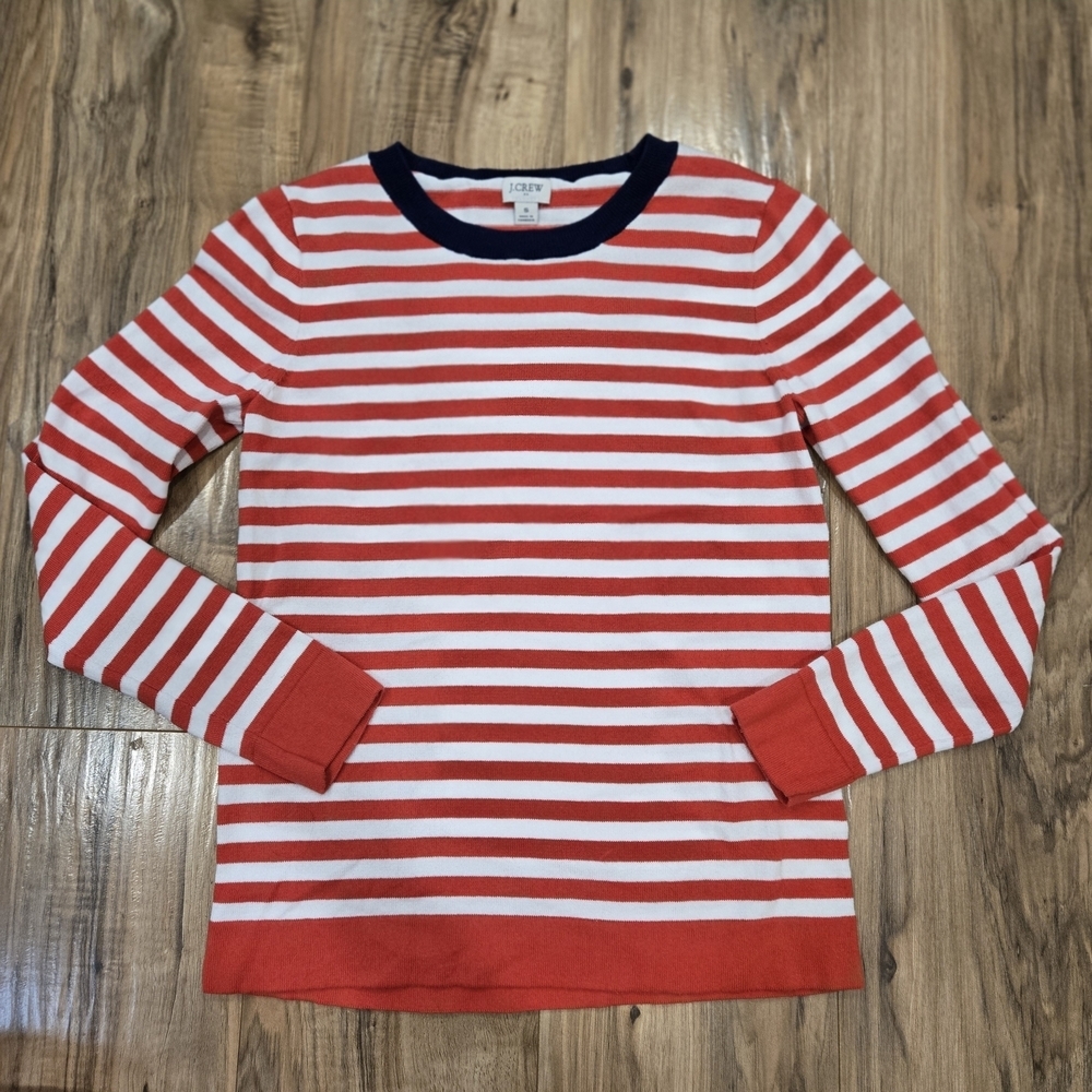 J. Crew Red, White, And Navy Striped Crew Neck Sweater